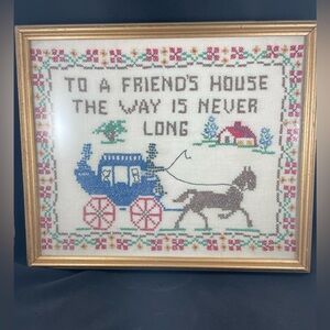 Vintage Cross Stitch Embroidered Art with Horse and Carriage Framed